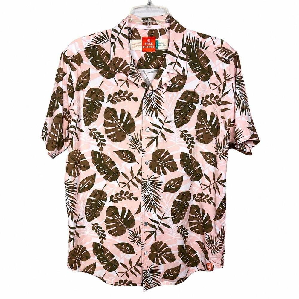 Free Planet Men’s Large Hawaiian Shirt Pink Monstera Leaf Rayon Button-Up EUC